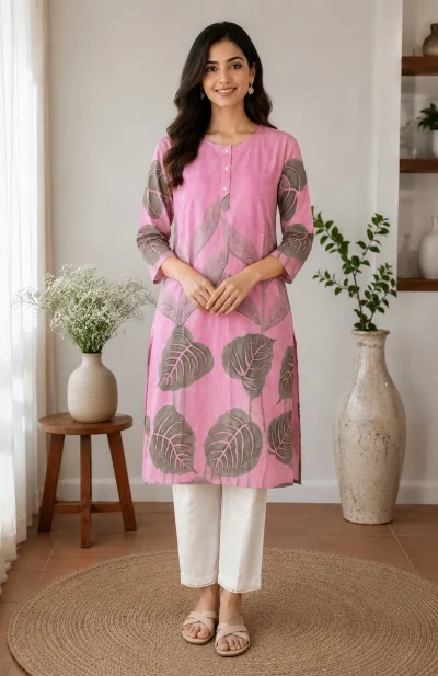 Hand Painted Silk Excel Kameez- Pink