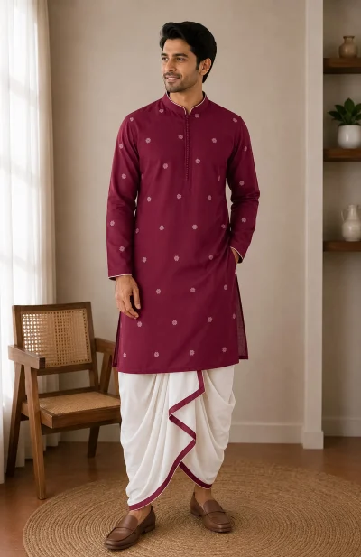 Cotton Jamdani Kurta - Maroon