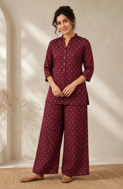Printed Cotton Silk Co-Ord Set - Maroon