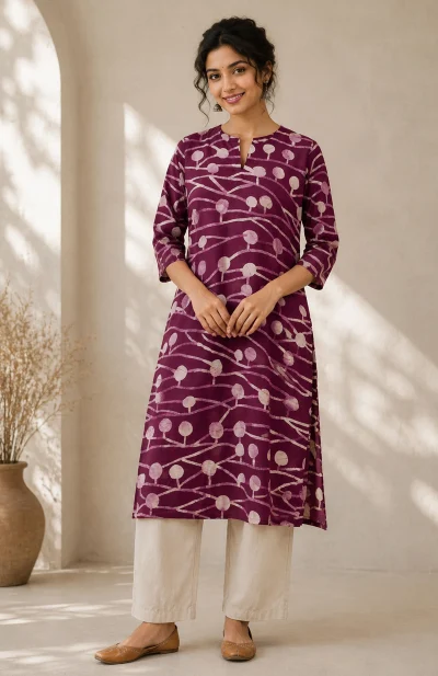 Batik Printed Cotton Excel Kameez  - Wine