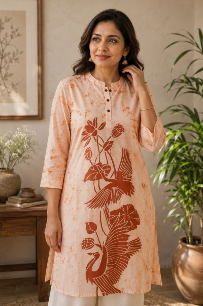 Batik Cotton Excel Kameez  - Beige