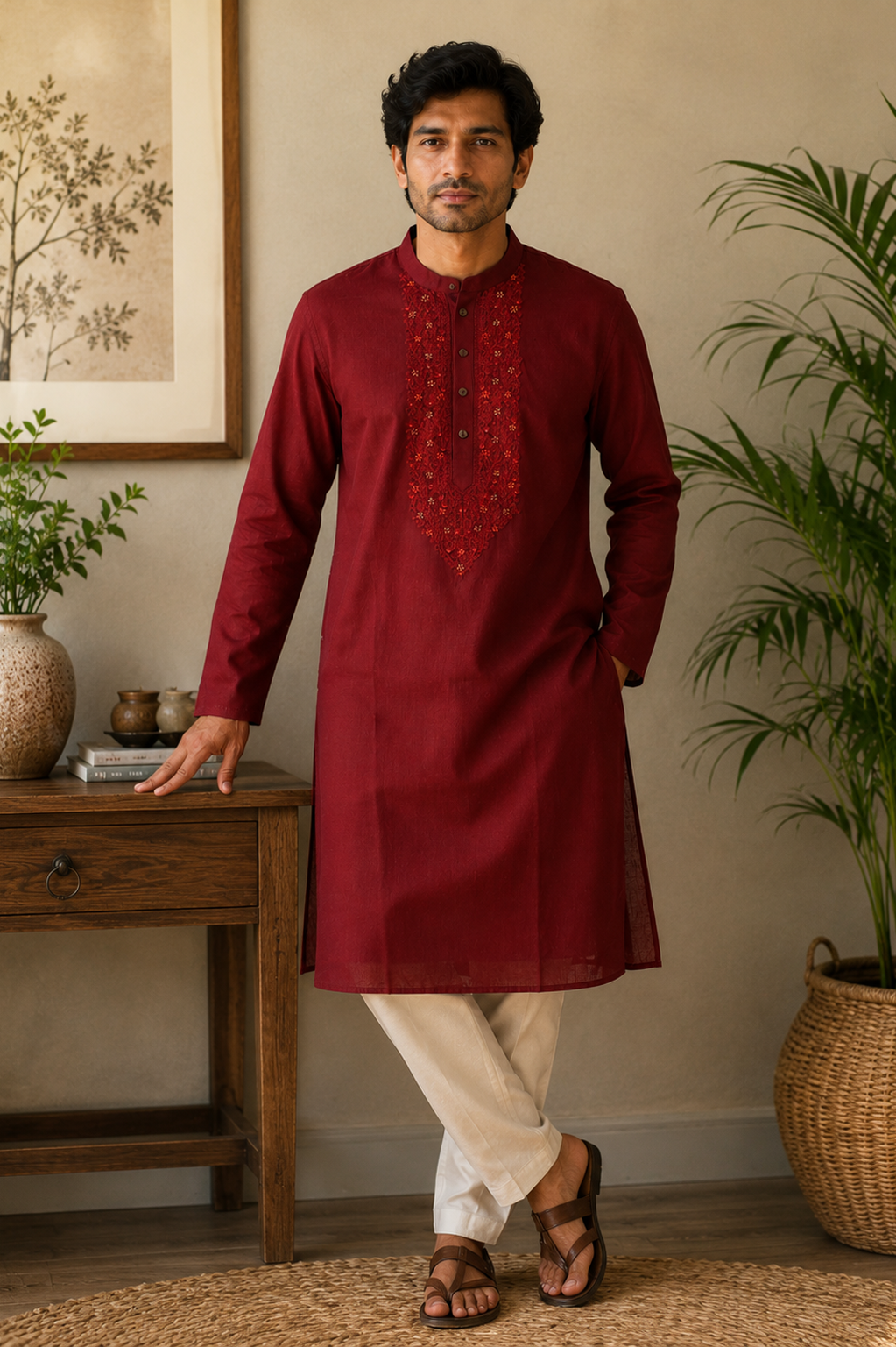 Cotton Embroidered Kurta - Maroon - Image 2