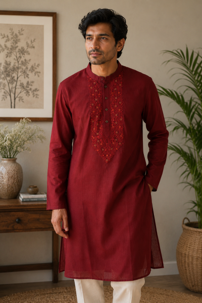 Cotton Embroidered Kurta - Maroon