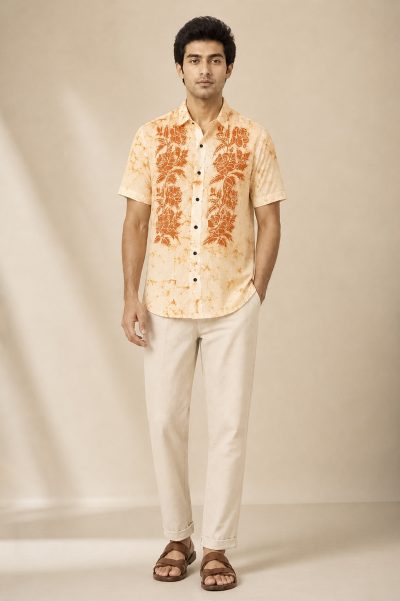 Batik Printed Cotton Half Sleeves Shirt - Beige