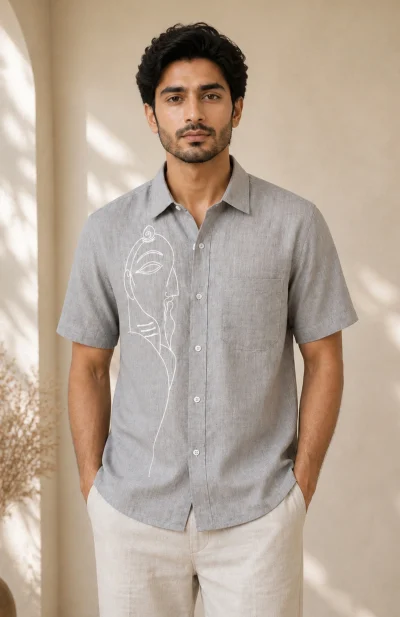 Embroidered Half Sleeves Linen Shirt - Grey