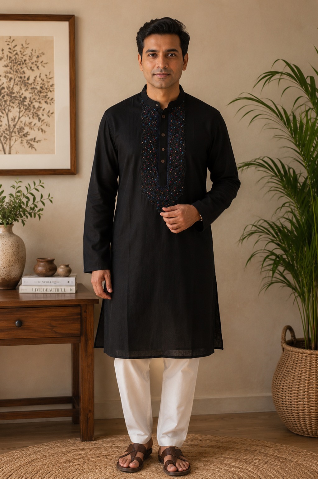 Cotton Embroidered Kurta - Black - Image 2