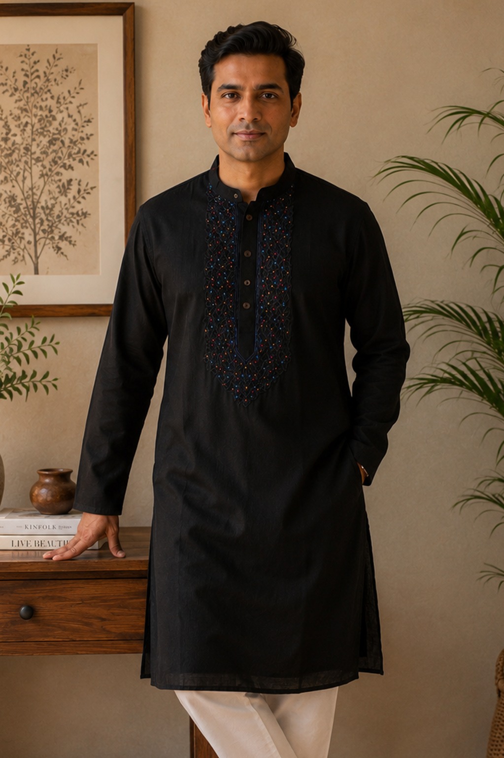Cotton Embroidered Kurta - Black
