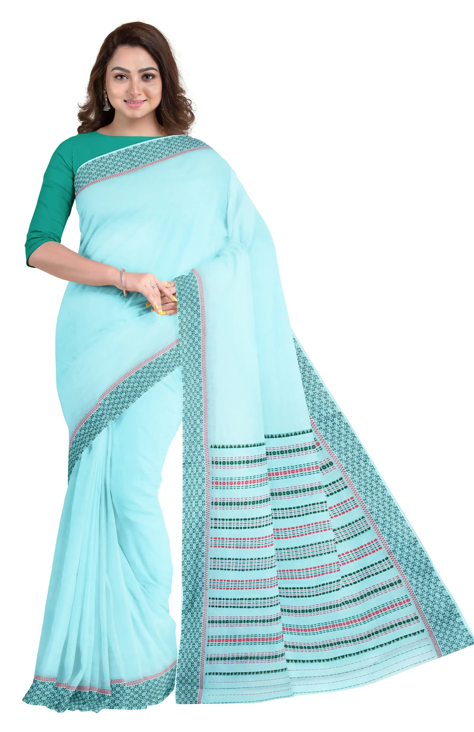 Begumpuri Cotton Saree - Turquoise Blue - Image 3