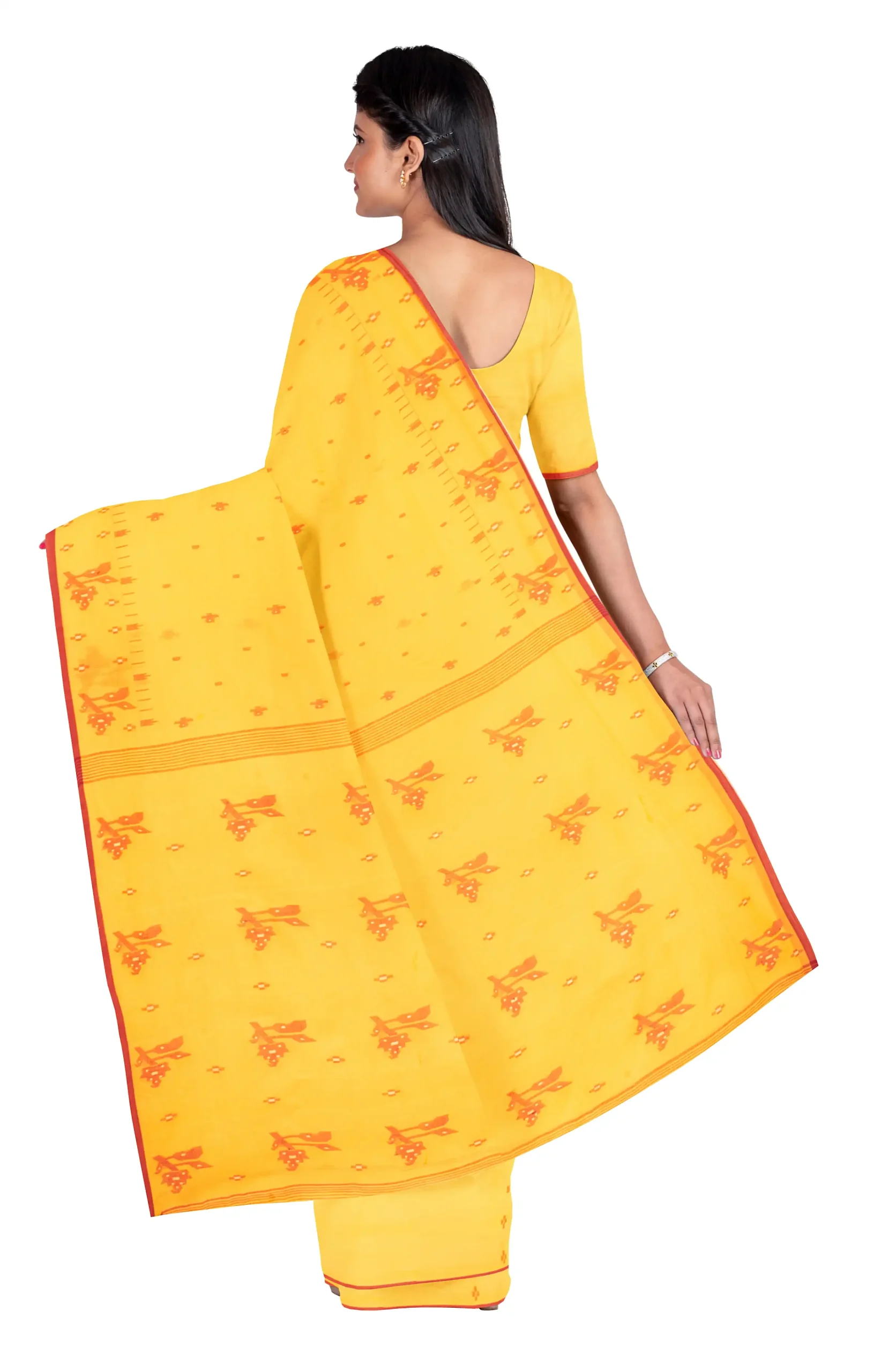 Handwoven Cotton Jamdani Saree - Mustard - Image 2