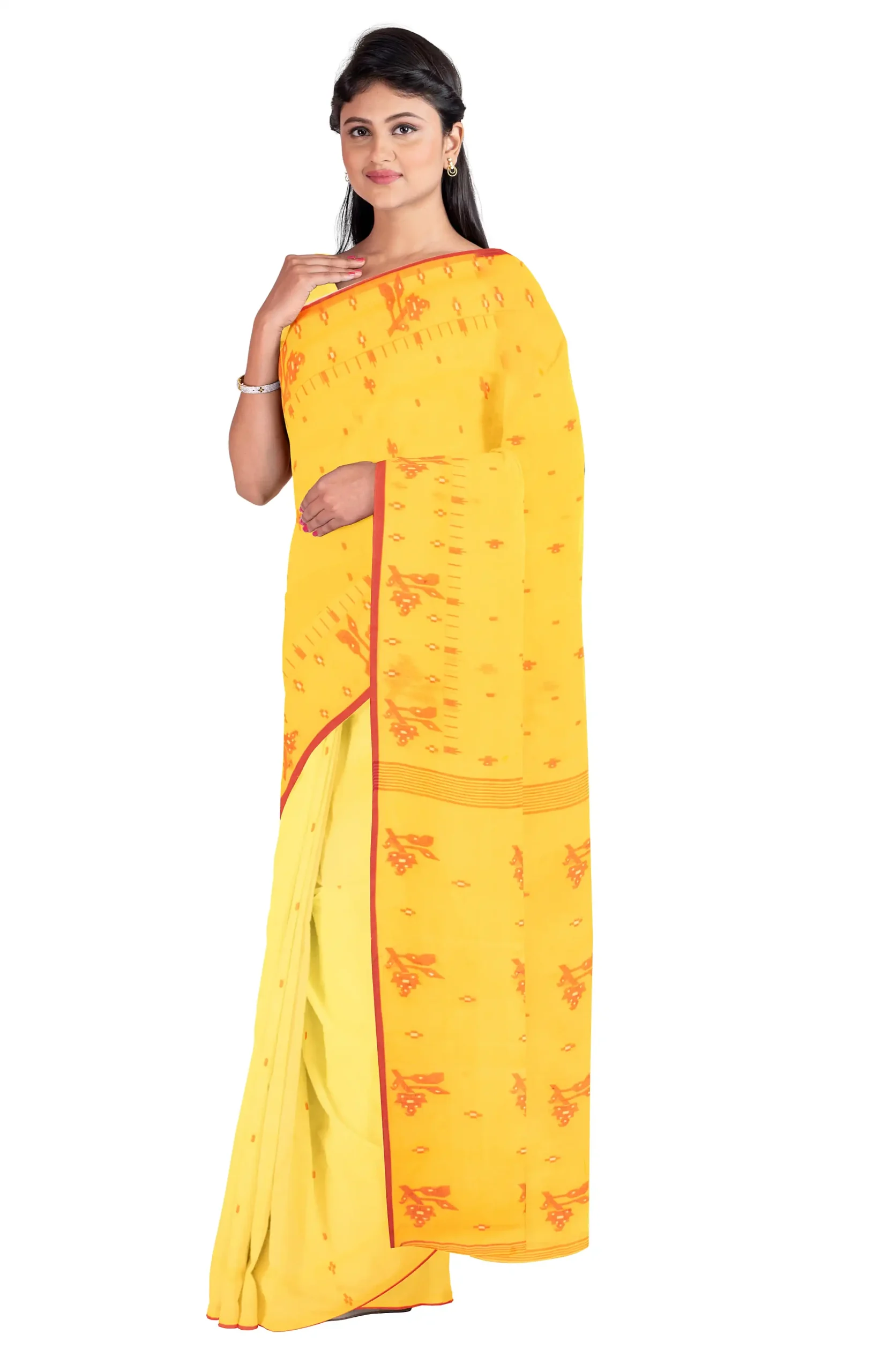 Handwoven Cotton Jamdani Saree - Mustard - Image 3