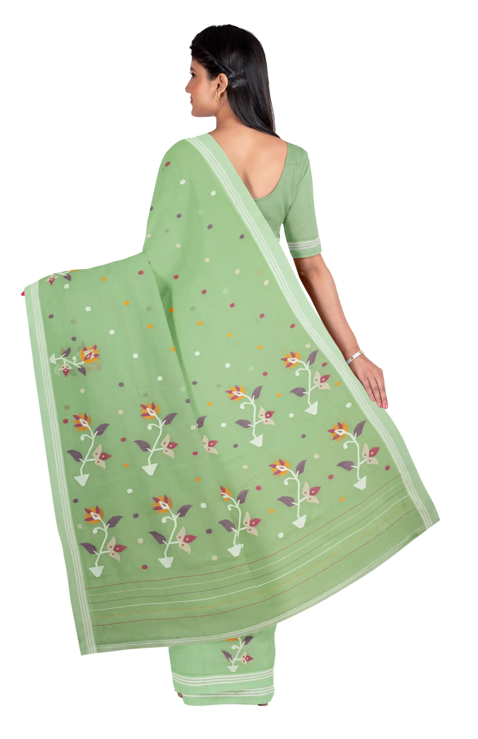 Handwoven Cotton Jamdani Saree - Teal Green - Image 2