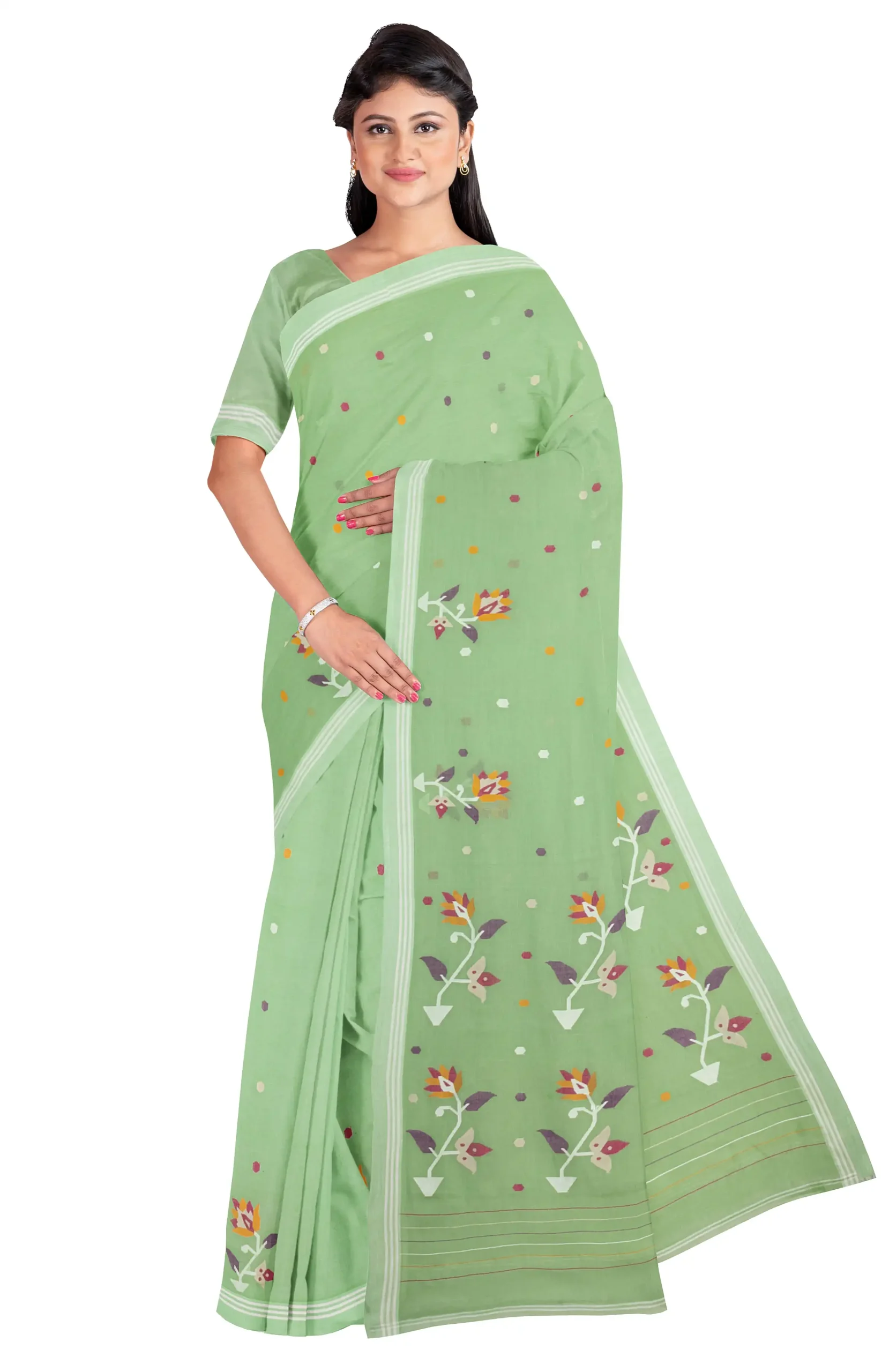 Handwoven Cotton Jamdani Saree - Teal Green