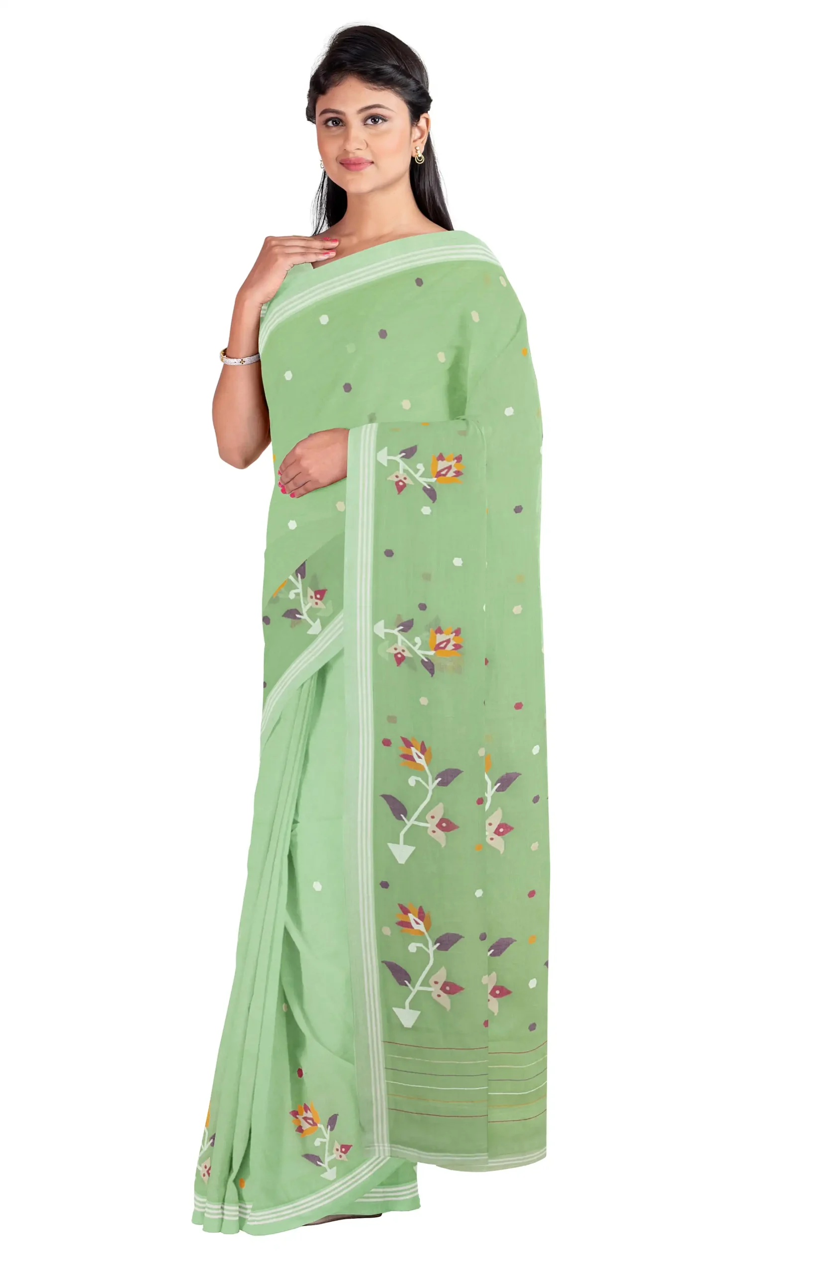 Handwoven Cotton Jamdani Saree - Teal Green - Image 3