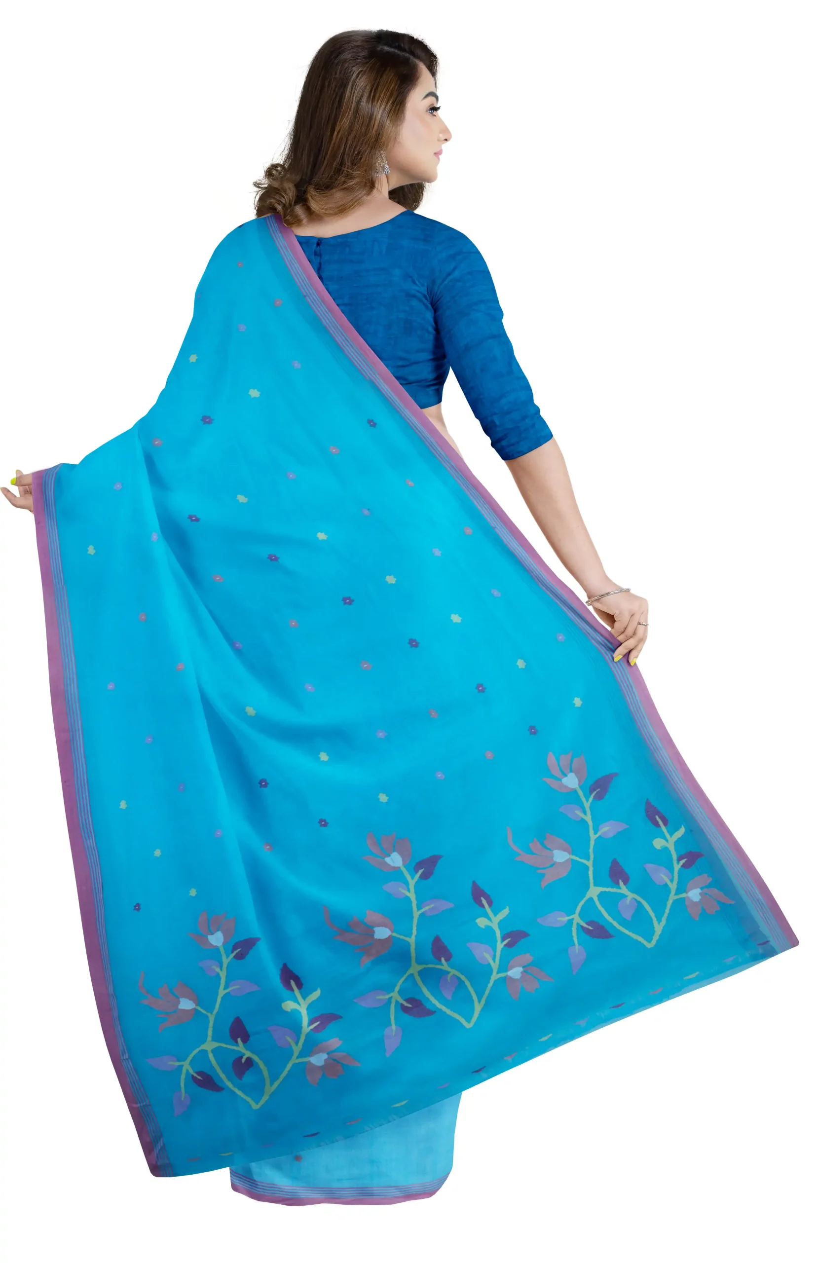 Handwoven Cotton Jamdani Saree - Turquoise Blue - Image 3