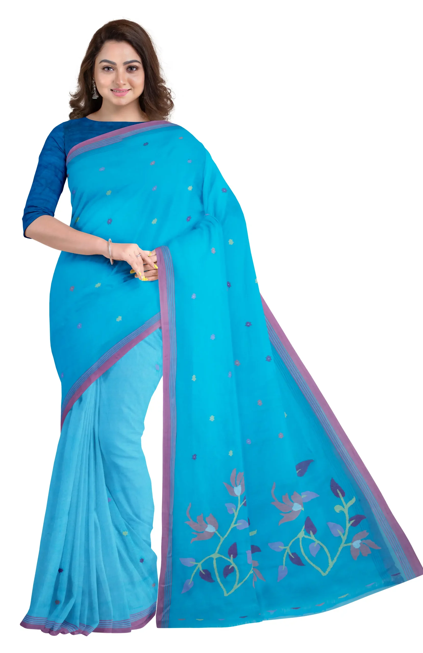 Handwoven Cotton Jamdani Saree - Turquoise Blue - Image 2