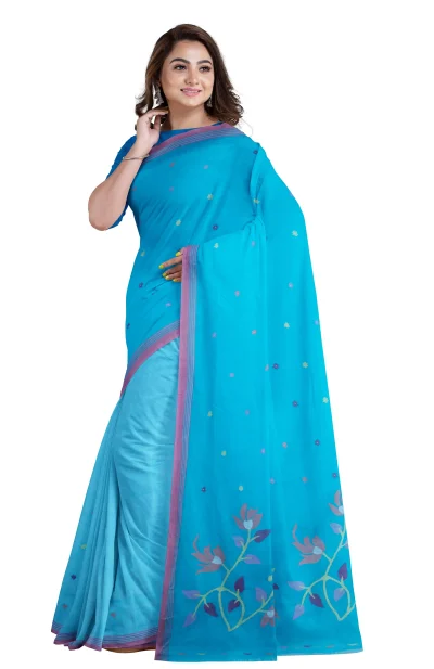 Handwoven Cotton Jamdani Saree - Turquoise Blue