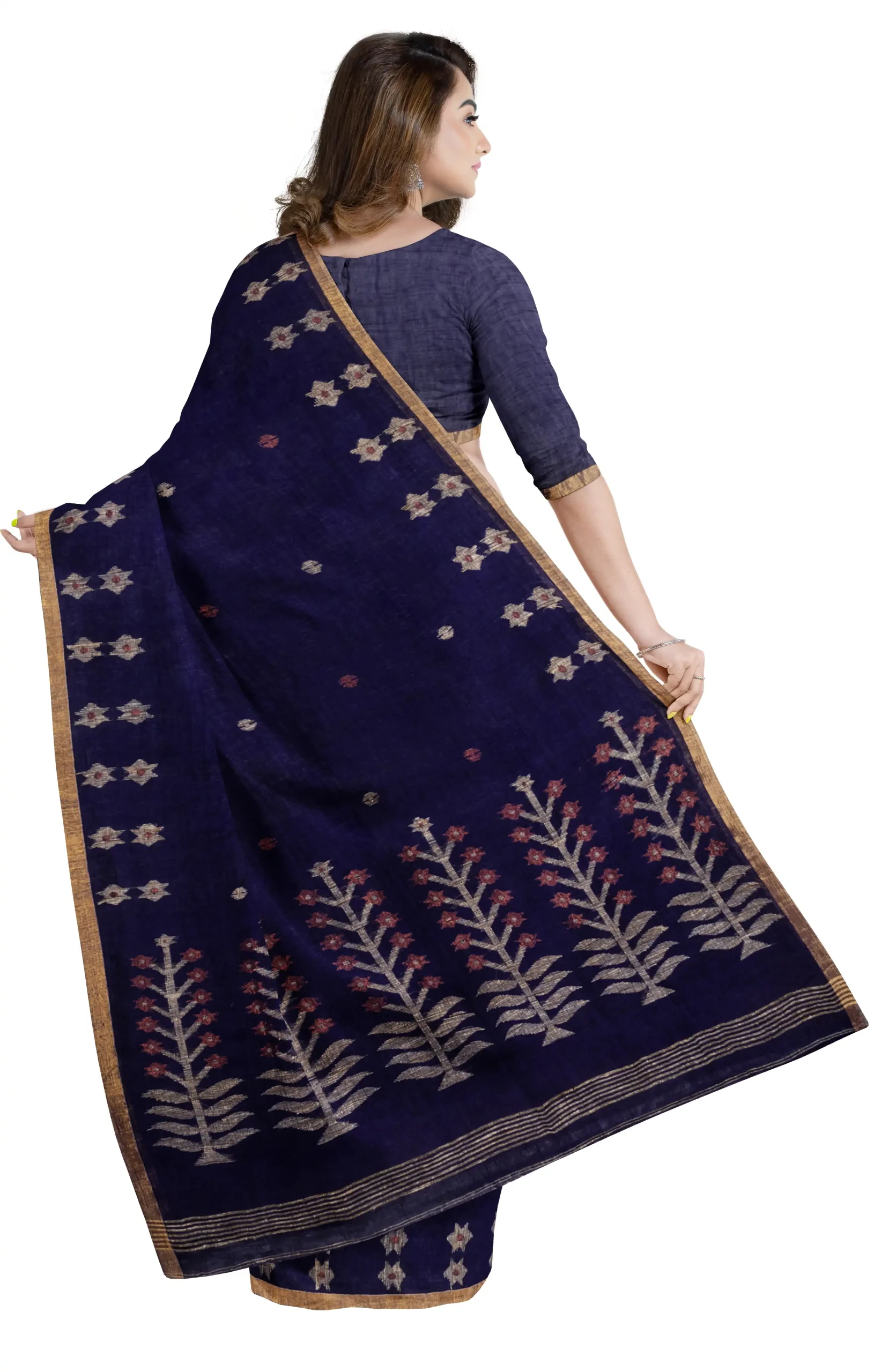 Handwoven Linen Jamdani Saree - Blue - Image 2