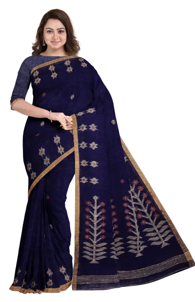 Handwoven Linen Jamdani Saree - Blue