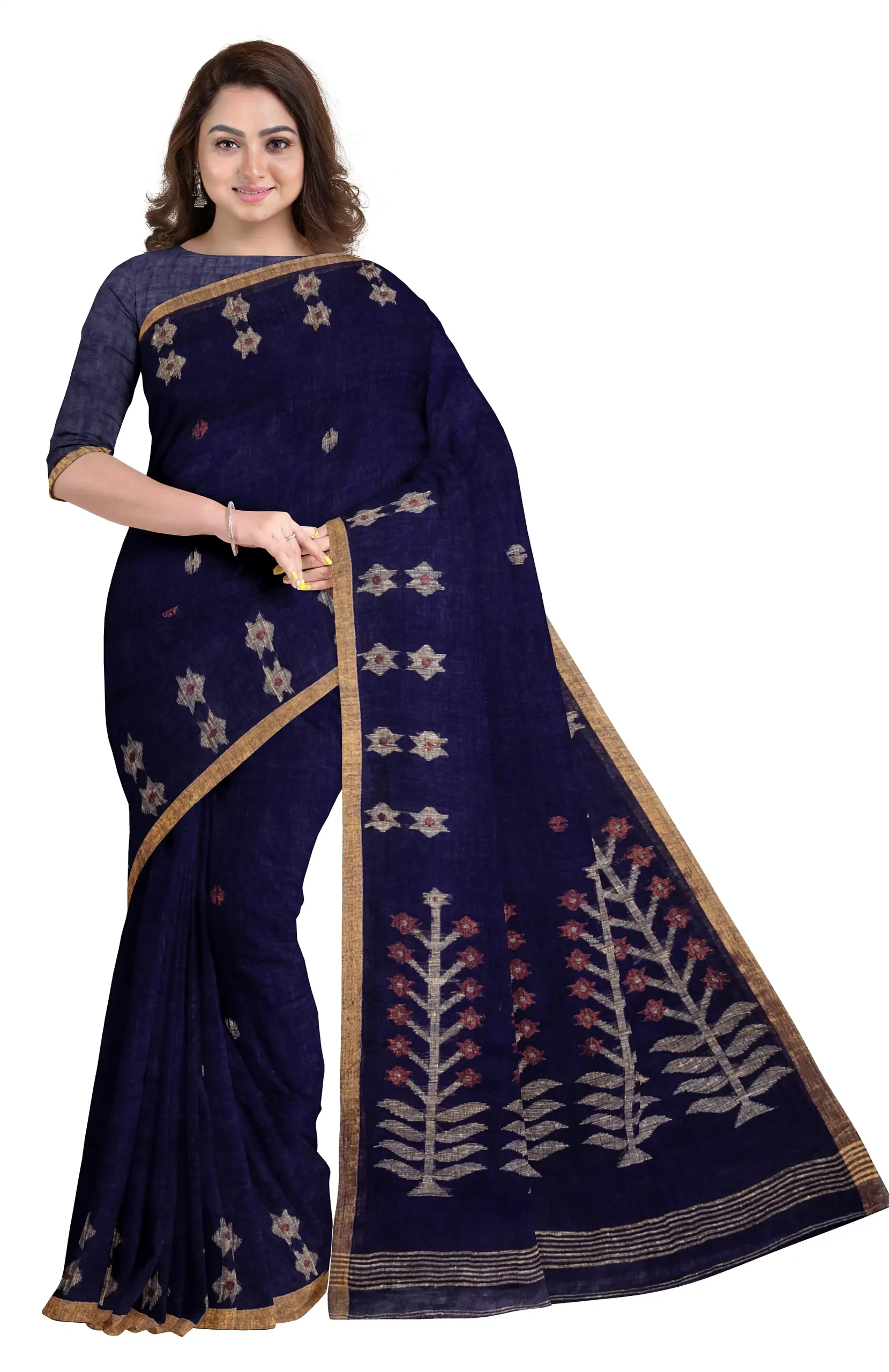 Handwoven Linen Jamdani Saree - Blue