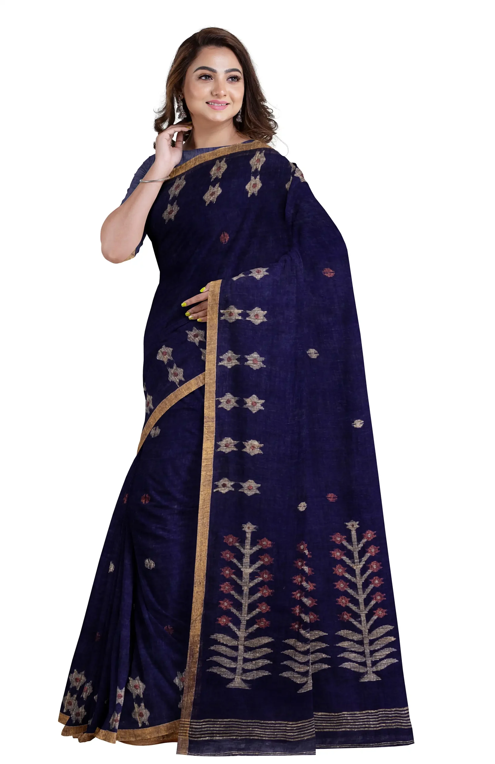 Handwoven Linen Jamdani Saree - Blue - Image 3