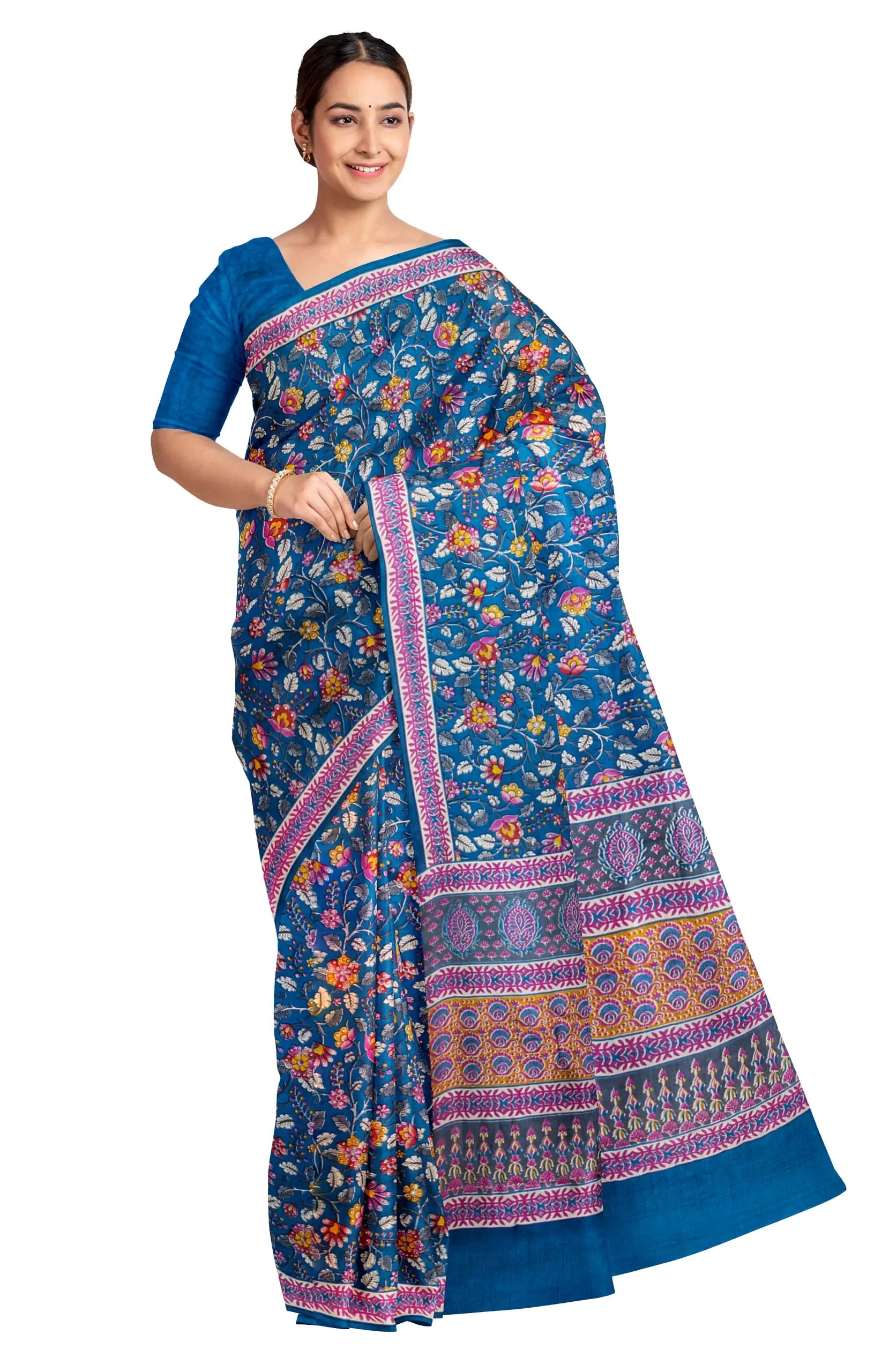 Printed Batik Silk Saree - Indigo - Image 3