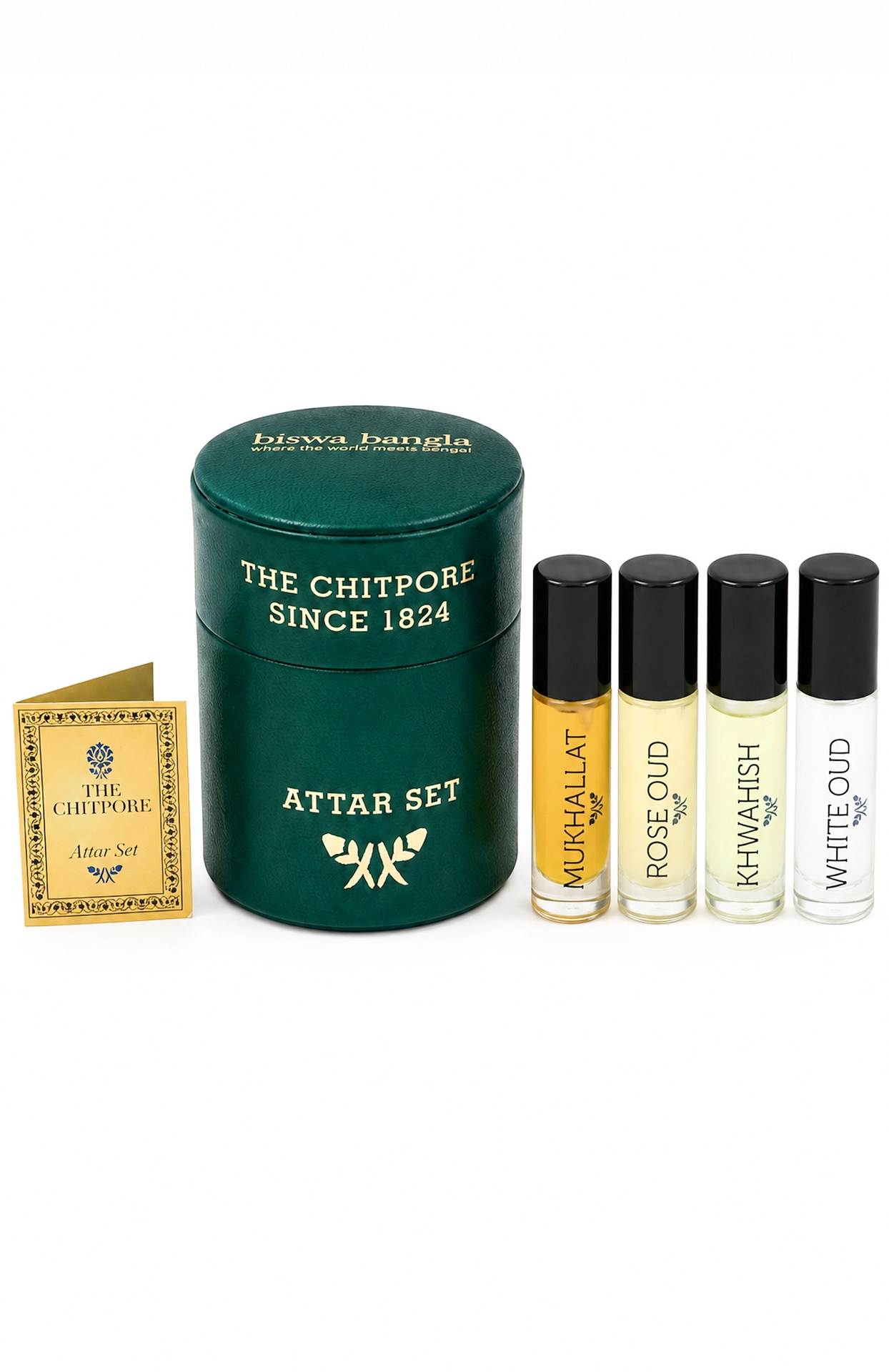 The Chitpore Attar Set - (Round Green Leather Box)