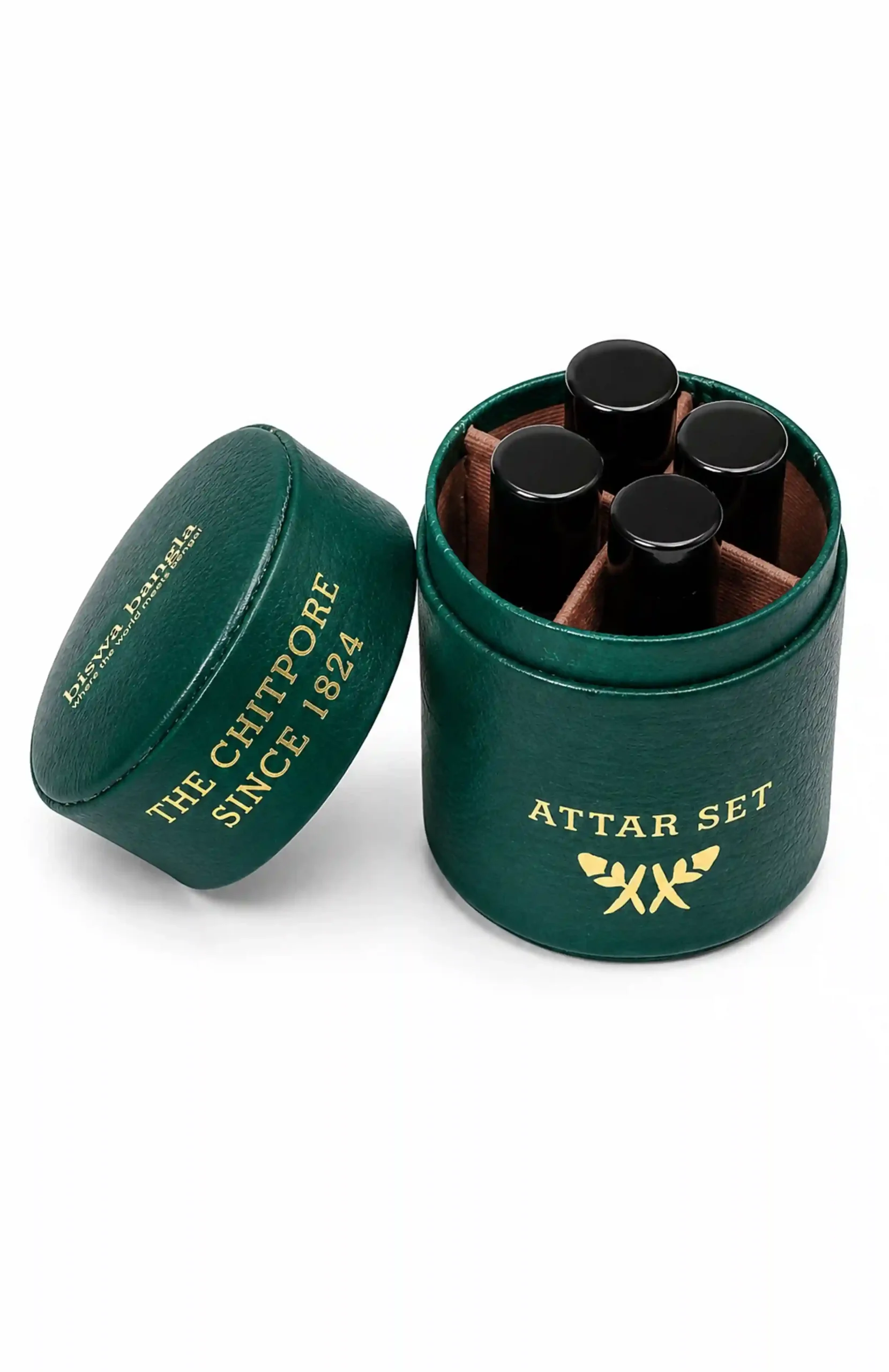 The Chitpore Attar Set - (Round Green Leather Box) - Image 2