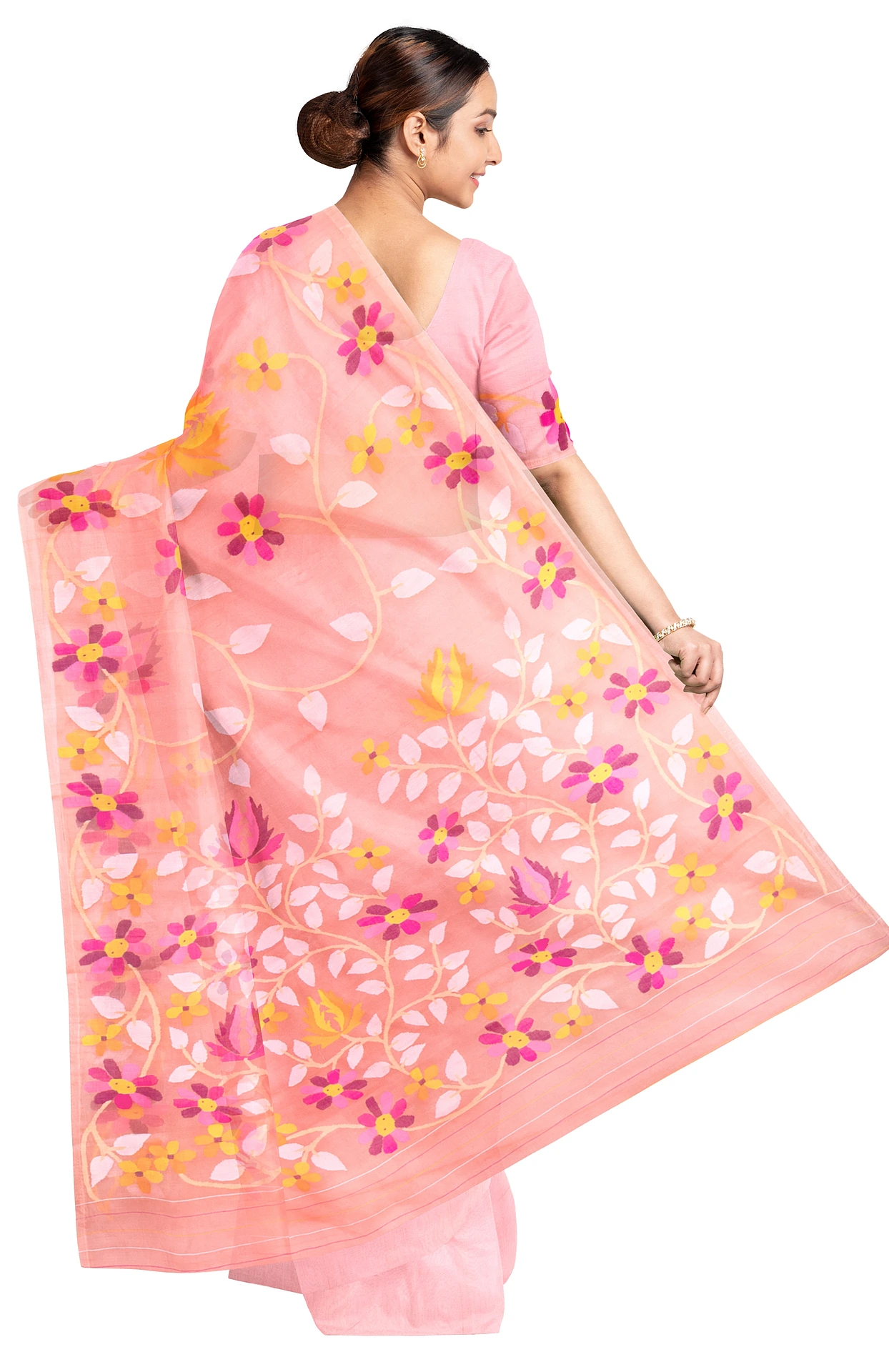 Kora Silk Jamdani Saree - Peach - Image 2