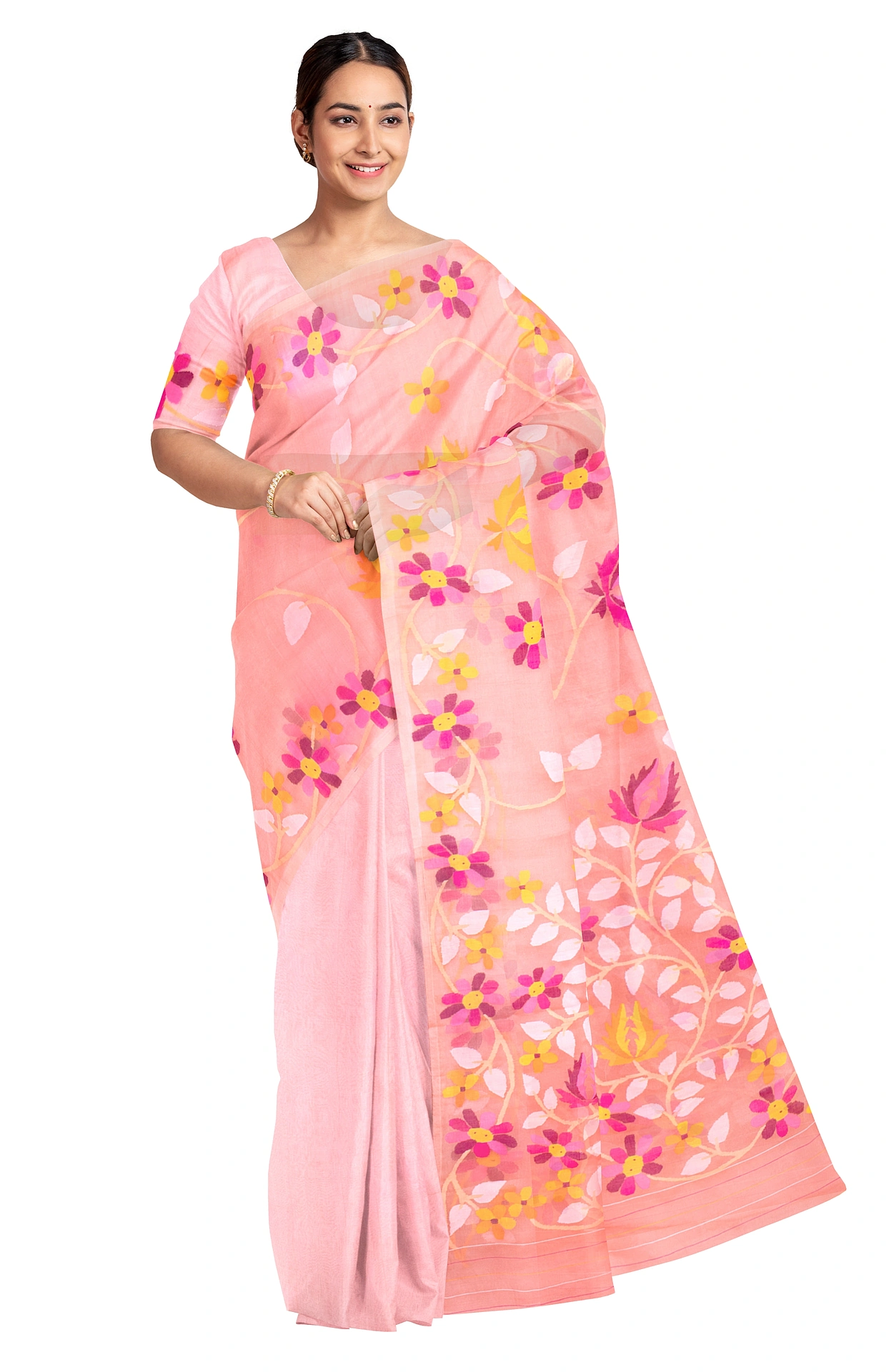 Kora Silk Jamdani Saree - Peach - Image 3