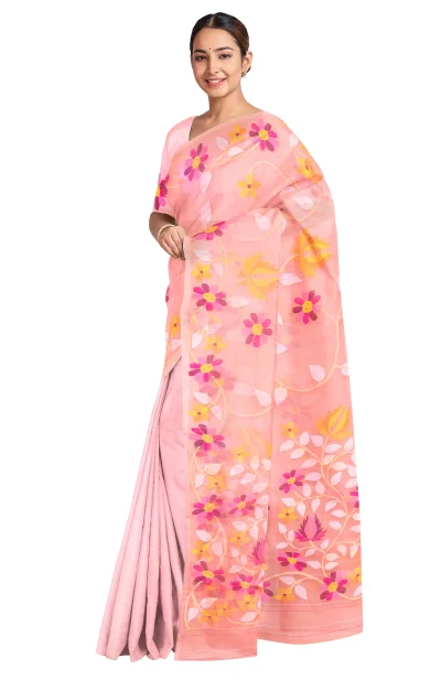 Kora Silk Jamdani Saree - Peach