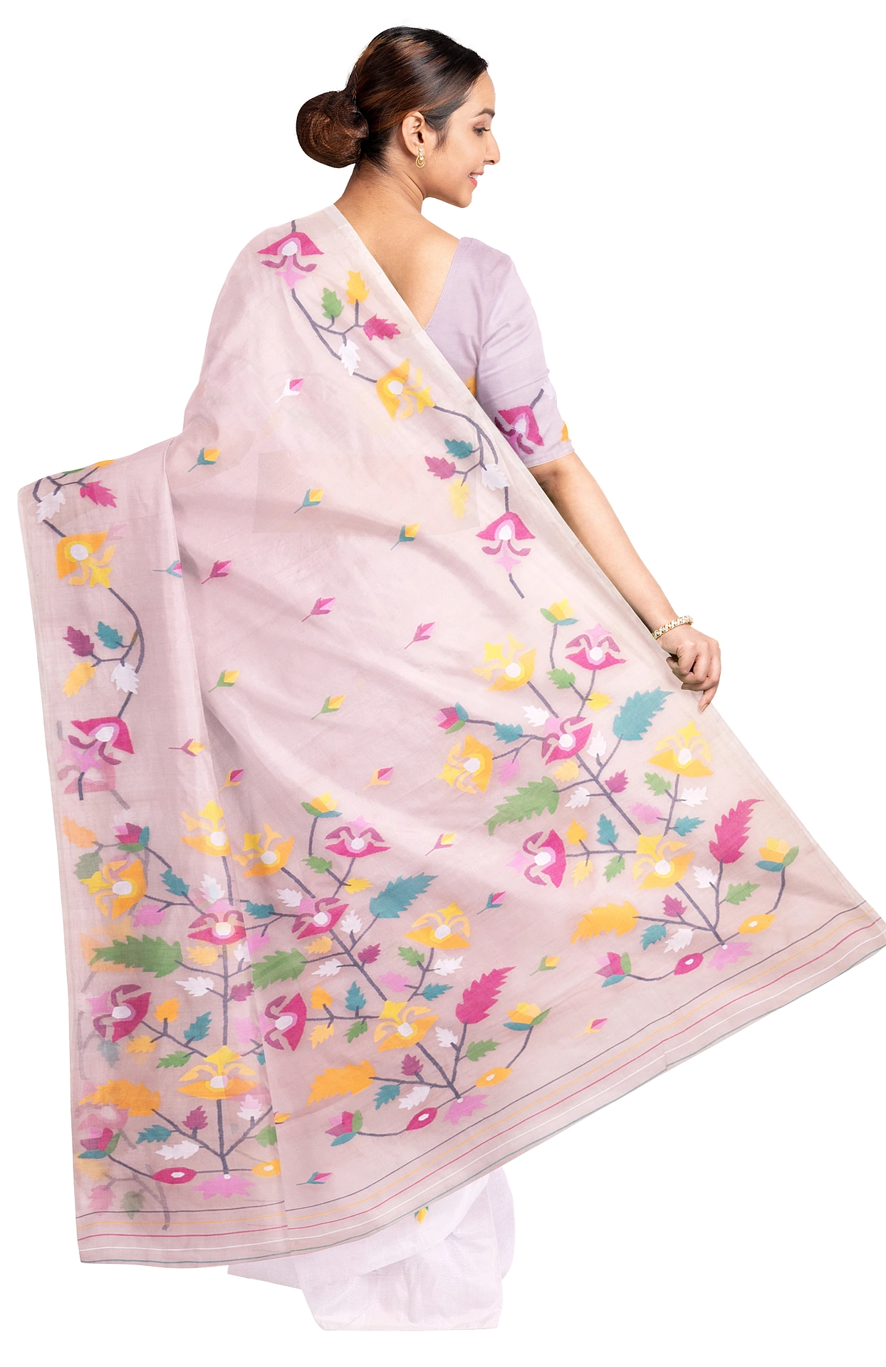Kora Silk Jamdani Saree - Peach - Image 2