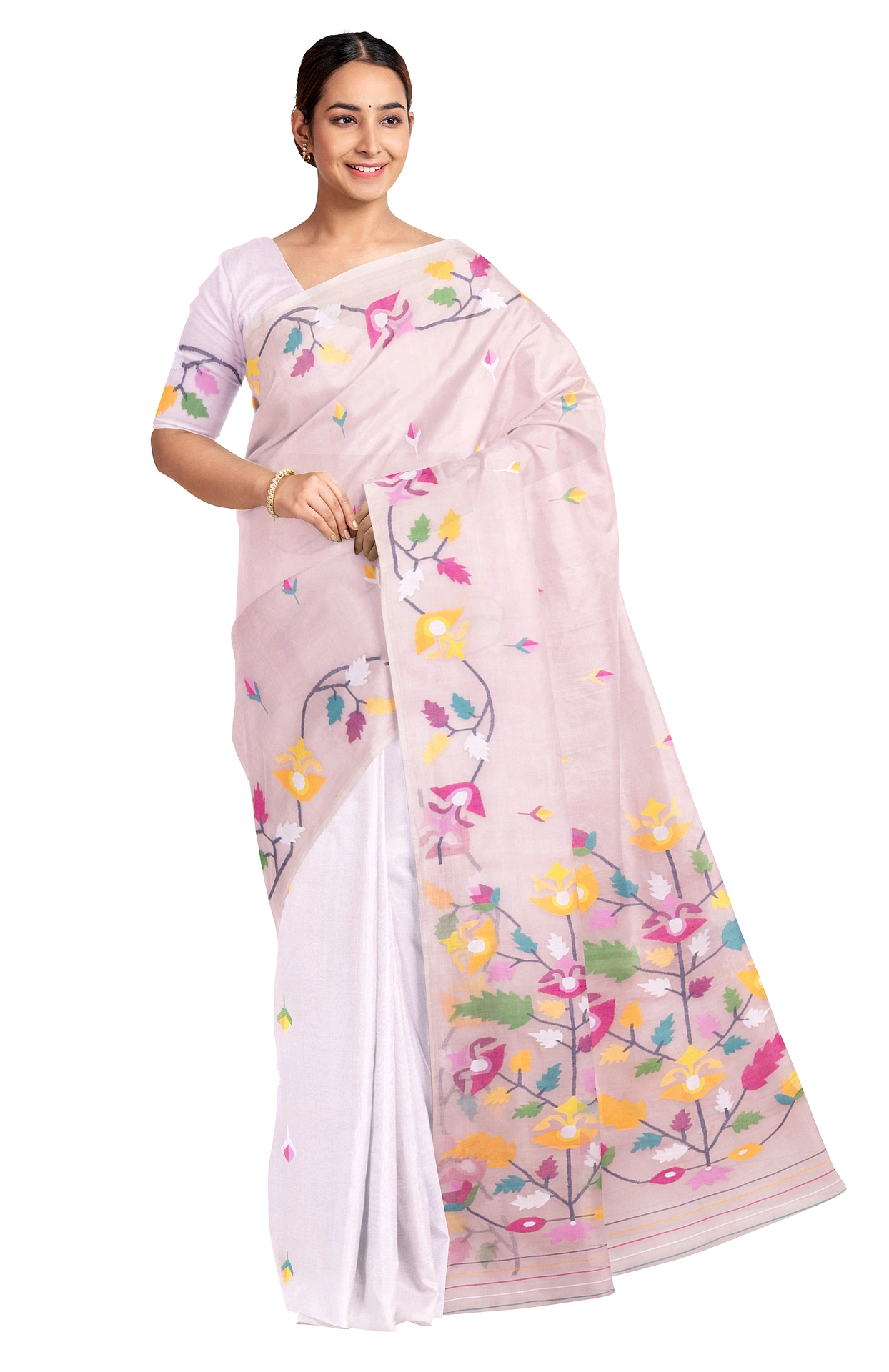 Kora Silk Jamdani Saree - Peach - Image 3