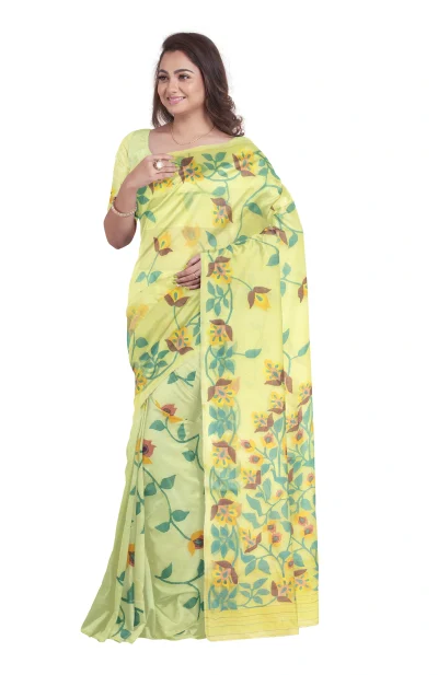 Kora Silk Jamdani Saree - Lemon Green