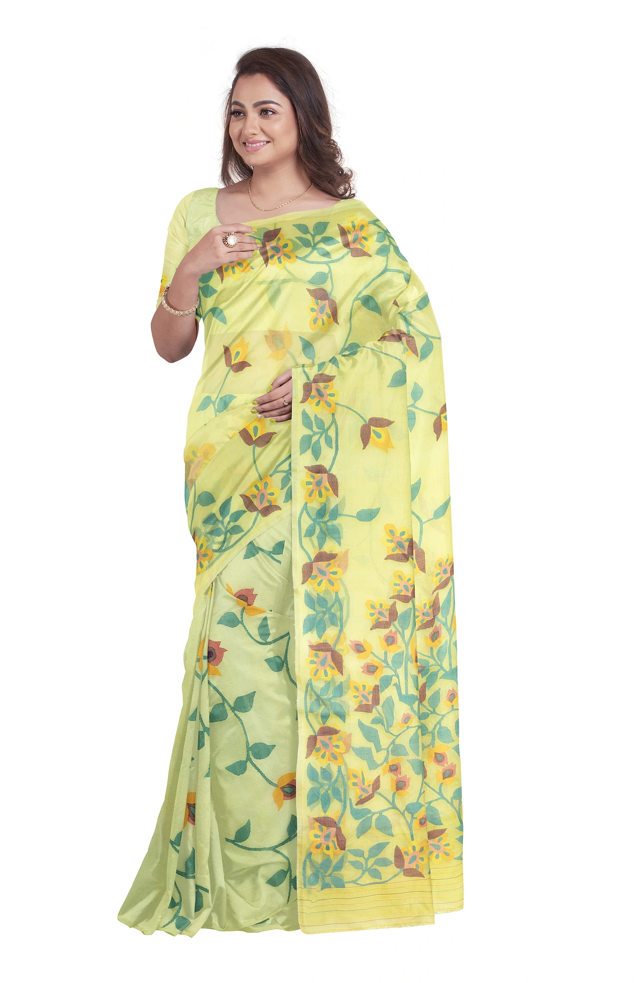 Kora Silk Jamdani Saree - Lemon Green