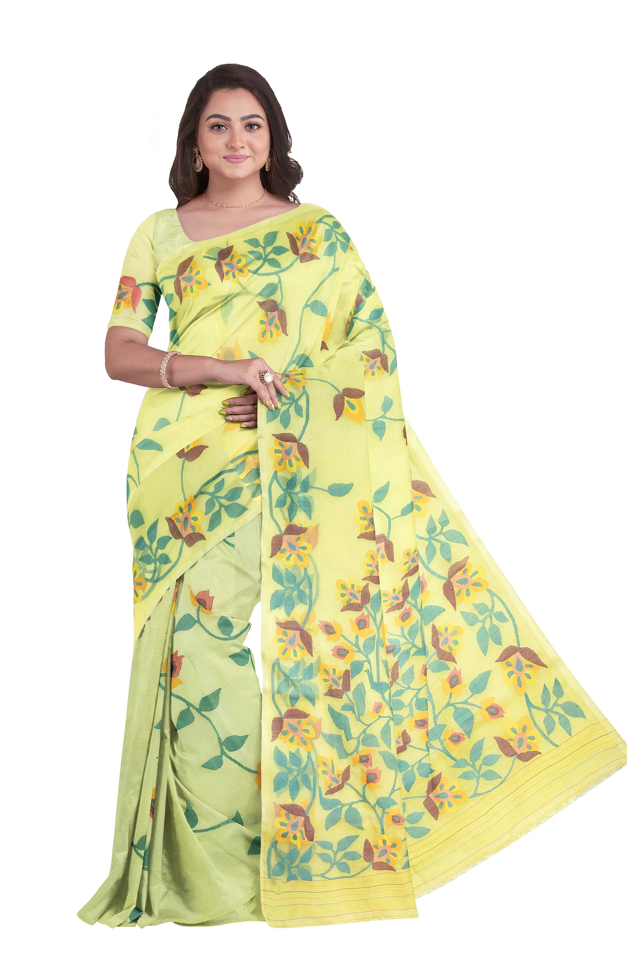 Kora Silk Jamdani Saree - Lemon Green - Image 2
