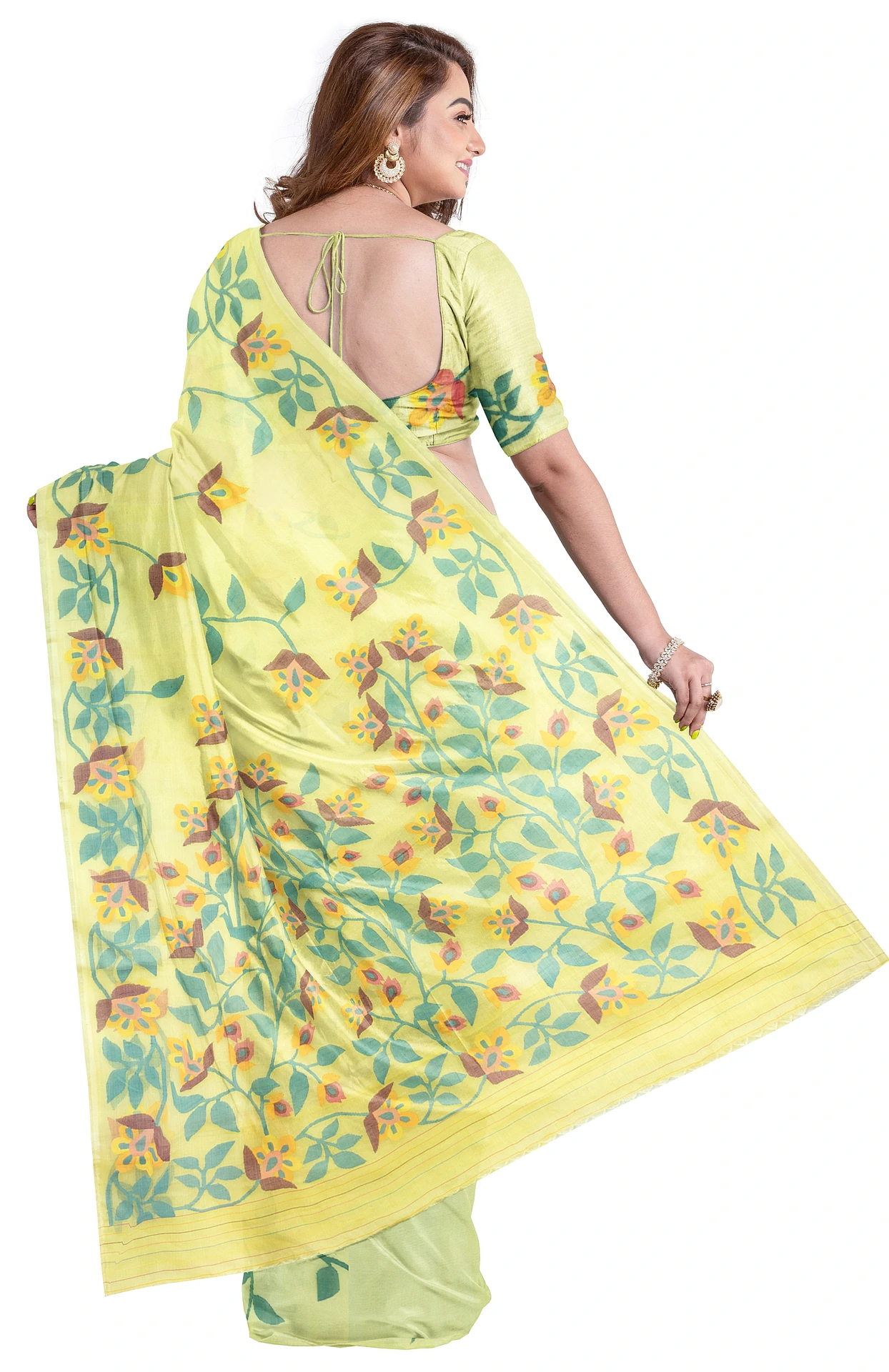 Kora Silk Jamdani Saree - Lemon Green - Image 3