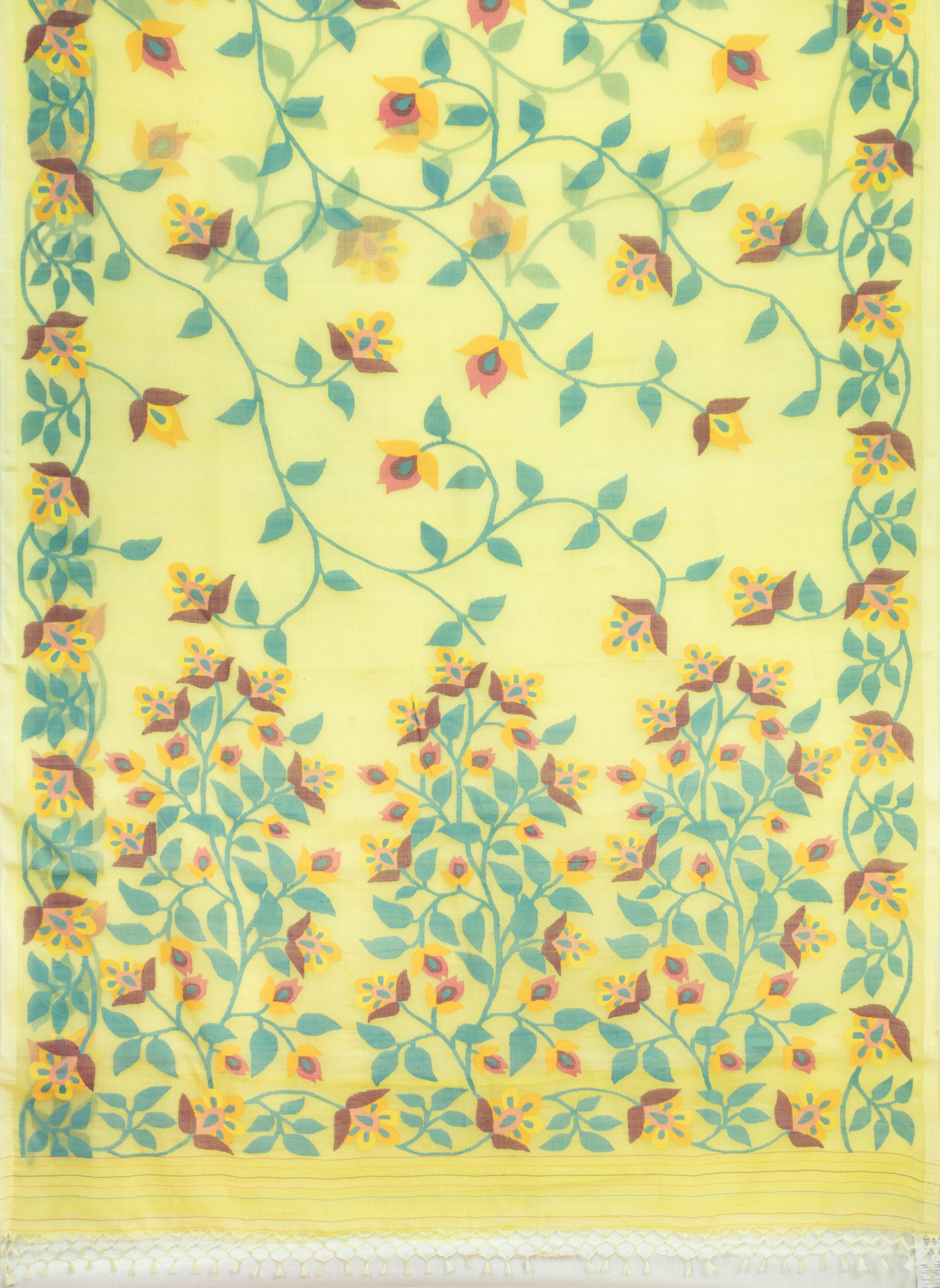 Kora Silk Jamdani Saree - Lemon Green - Image 4