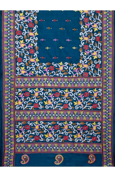 Handcrafted Kantha Silk Saree – Astronaut Blue