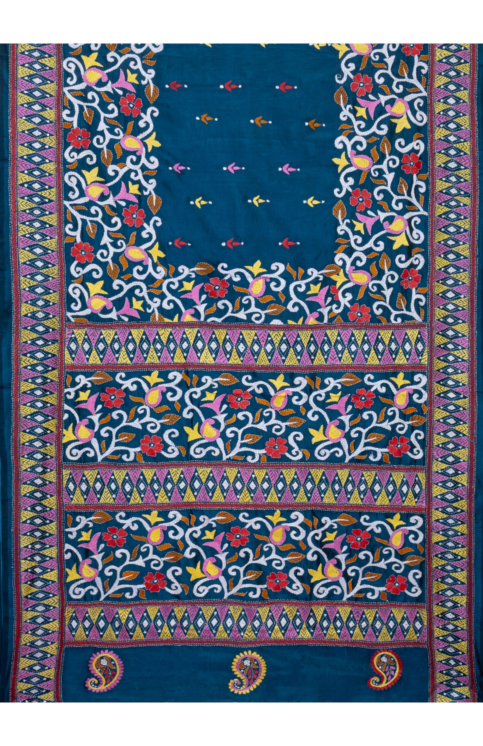 Handcrafted Kantha Silk Saree – Astronaut Blue