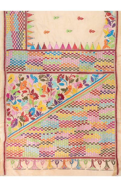 Handcrafted Kantha Silk Saree – Beige