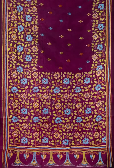 Handcrafted Kantha Silk Saree – Magenta
