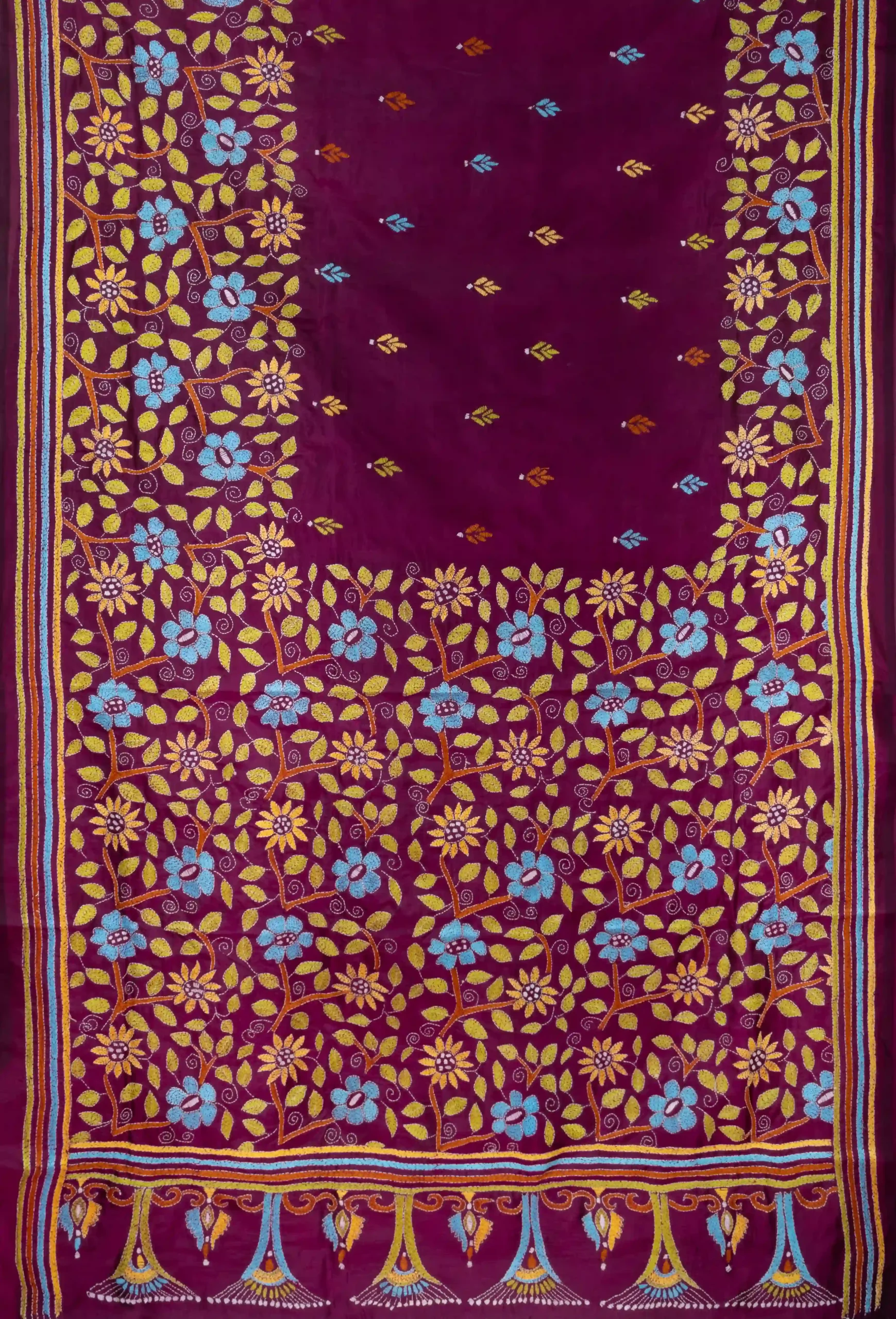Handcrafted Kantha Silk Saree – Magenta