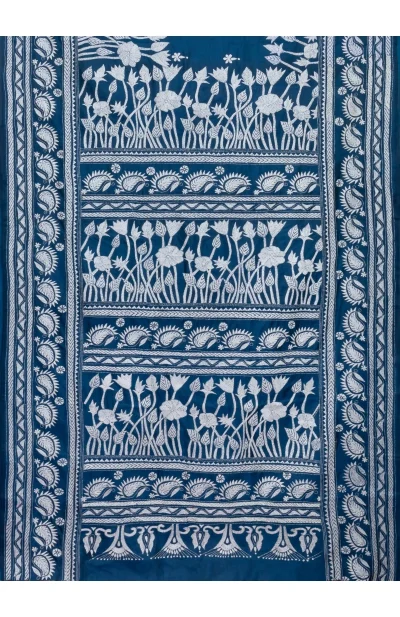 Handcrafted Kantha Silk Saree – Regal Blue