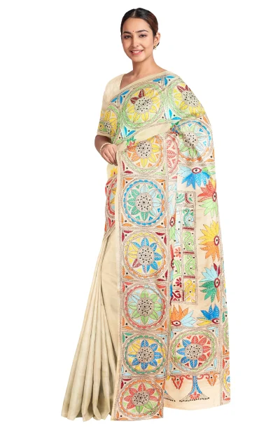 Handcrafted Kantha Silk Saree – Beige