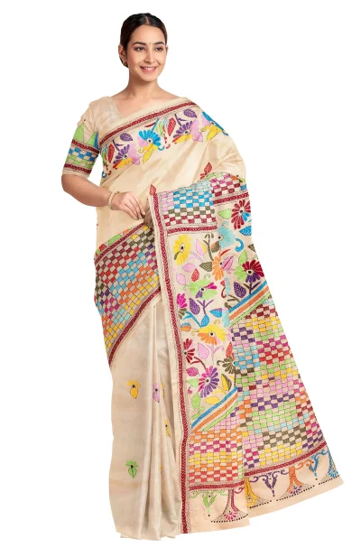 Handcrafted Kantha Silk Saree – Beige