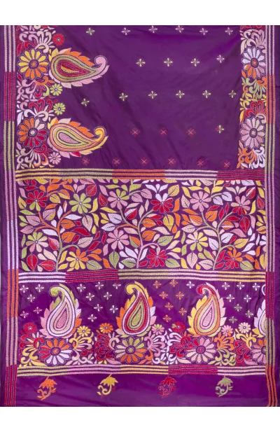 Handcrafted Kantha Silk Saree – Purple