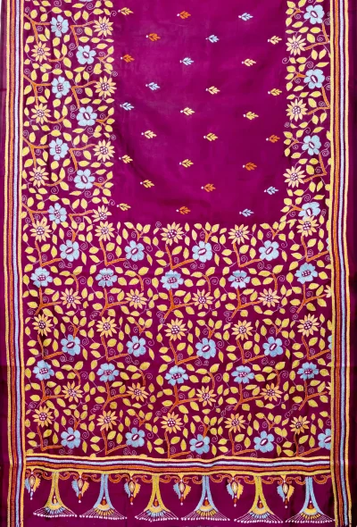 Handcrafted Kantha Silk Saree – Magenta