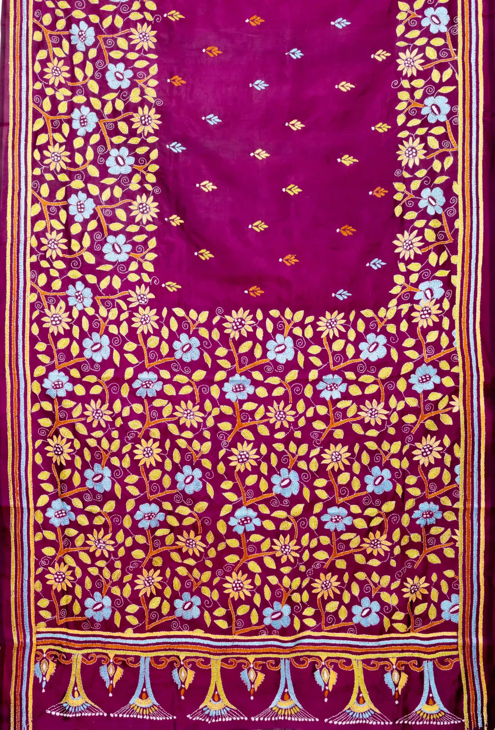 Handcrafted Kantha Silk Saree – Magenta