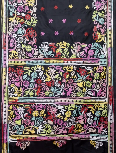 Handcrafted Kantha Silk Saree – Black