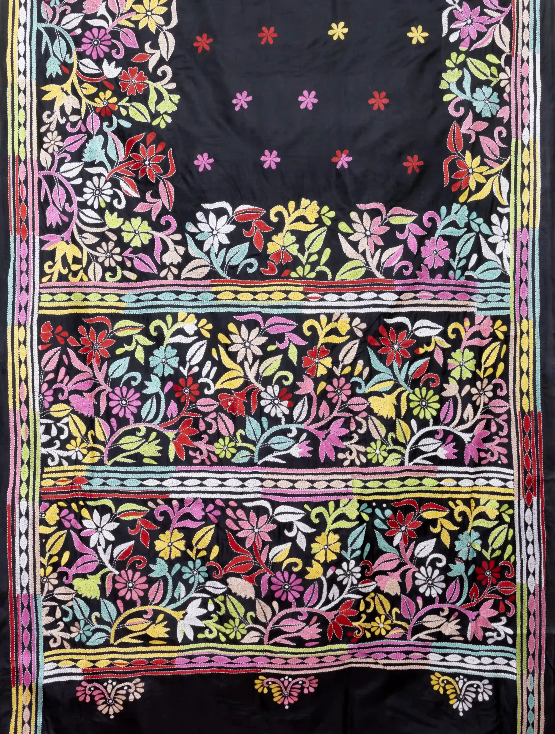 Handcrafted Kantha Silk Saree – Black